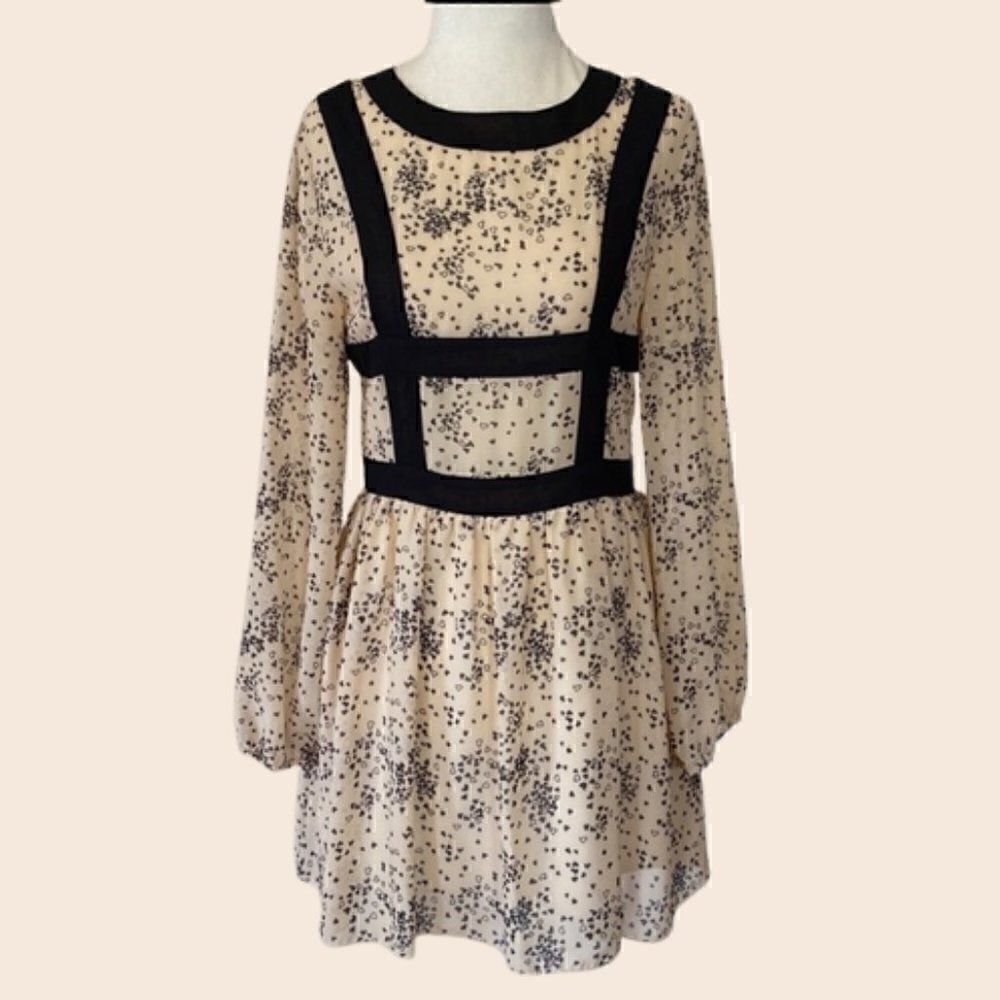 Romantic Cream & Black Heart Print Mini Harness Fit & Flare Dress Size Small